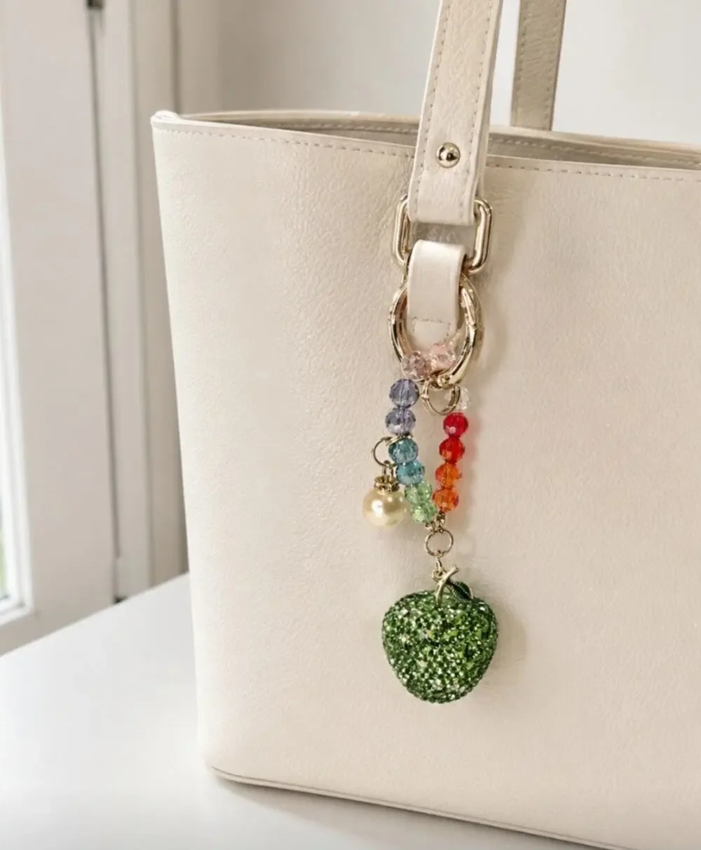 Rhinestone Green Apple Beaded Key Ring New